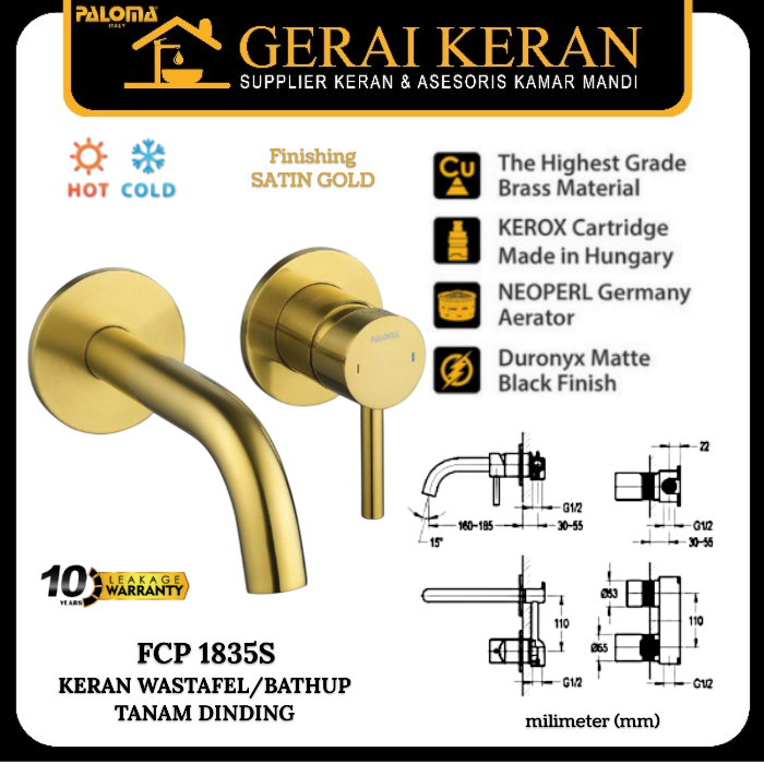 PALOMA FCP 1835S Keran Wastafel Tanam Kran Air Panas Dingin SATIN GOLD Kran Bathup Panas Dingin