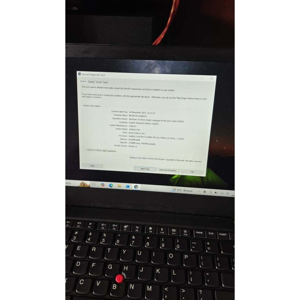 Lenovo Thinkpad T470 i5-6300U/Ram 8Gb/SSD 256Gb/Layar 14Inch FHD Touchscreen