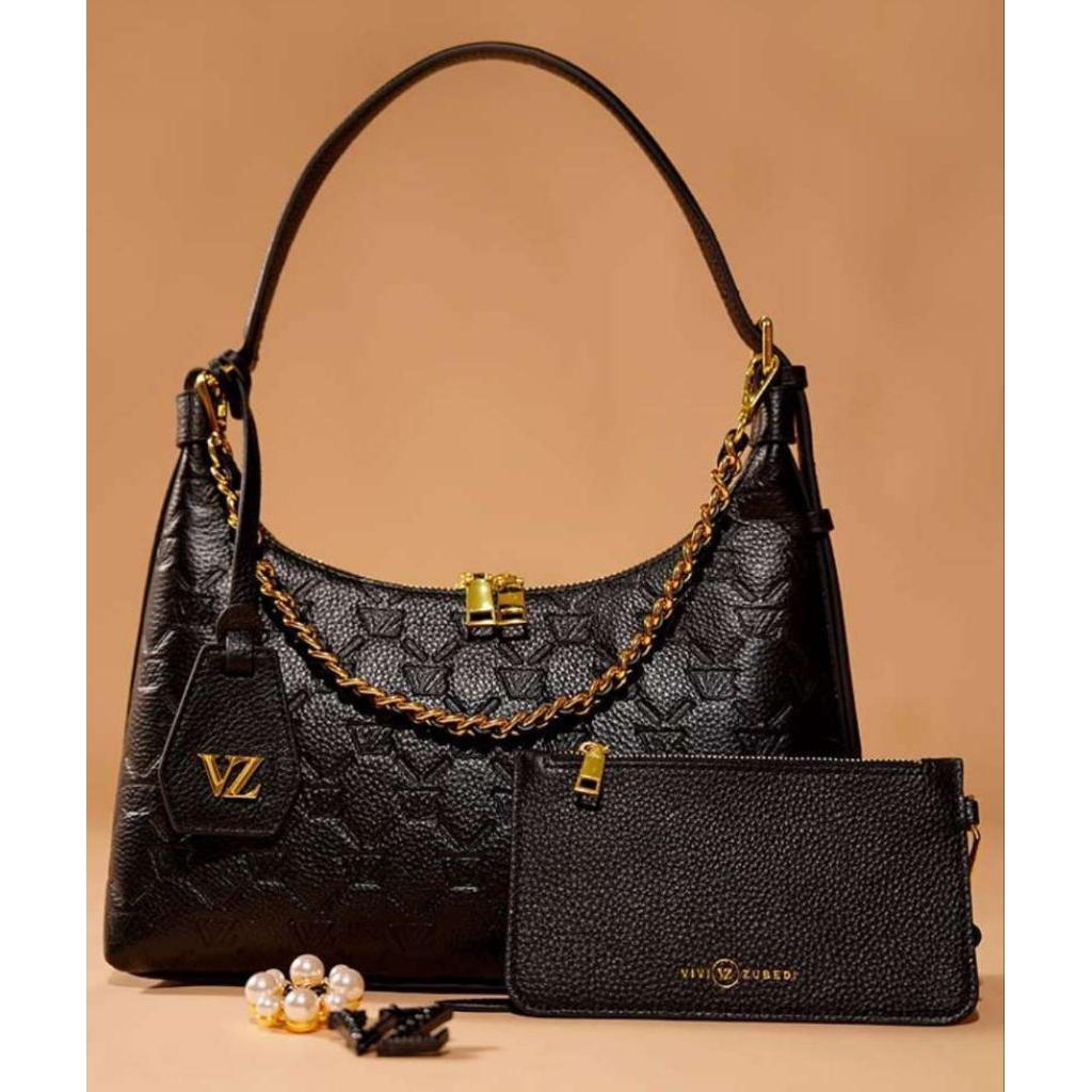 Ready NEW/NWOT Vivi Zubedi VZ Monogram Embossed Shoulder Bag - Black