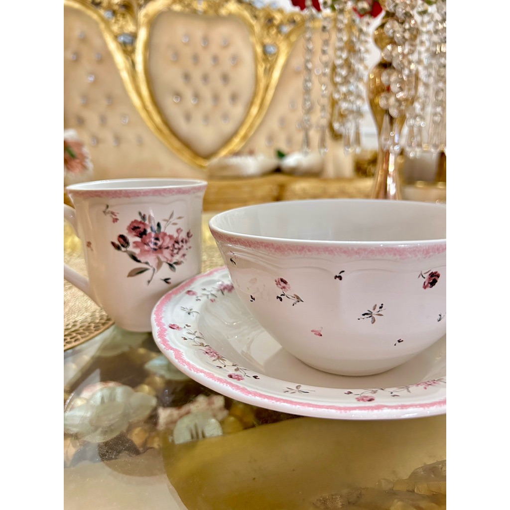 PIRING KERAMIK PINK SHABBY CHIC SET (ISI 3 Pcs PIRING MANGKOK GELAS) MOTIF BUNGA PINK AESTHETIC