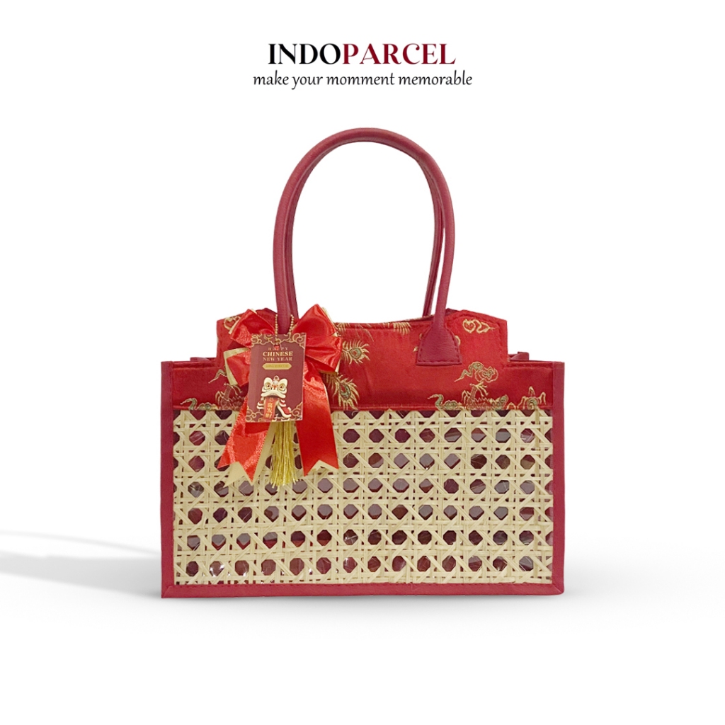 INDOPARCEL - Tas Hampers Imlek Pagoda Kain Cheongsam Kombinasi Anyaman Bambu Tas Bingkisan Gift Bag 