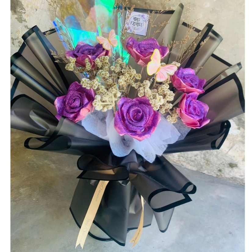 Buket Bunga Satin Gliter 6 tangkai, Buket Pita satin, Buket Custom