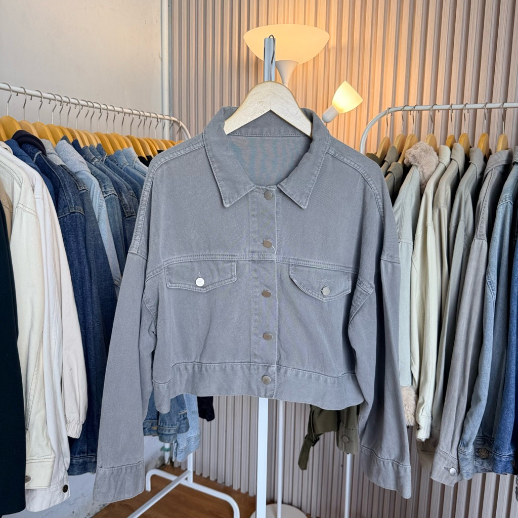 JACKET JEANS CROP WANITA CEWEK ABU TEBAL