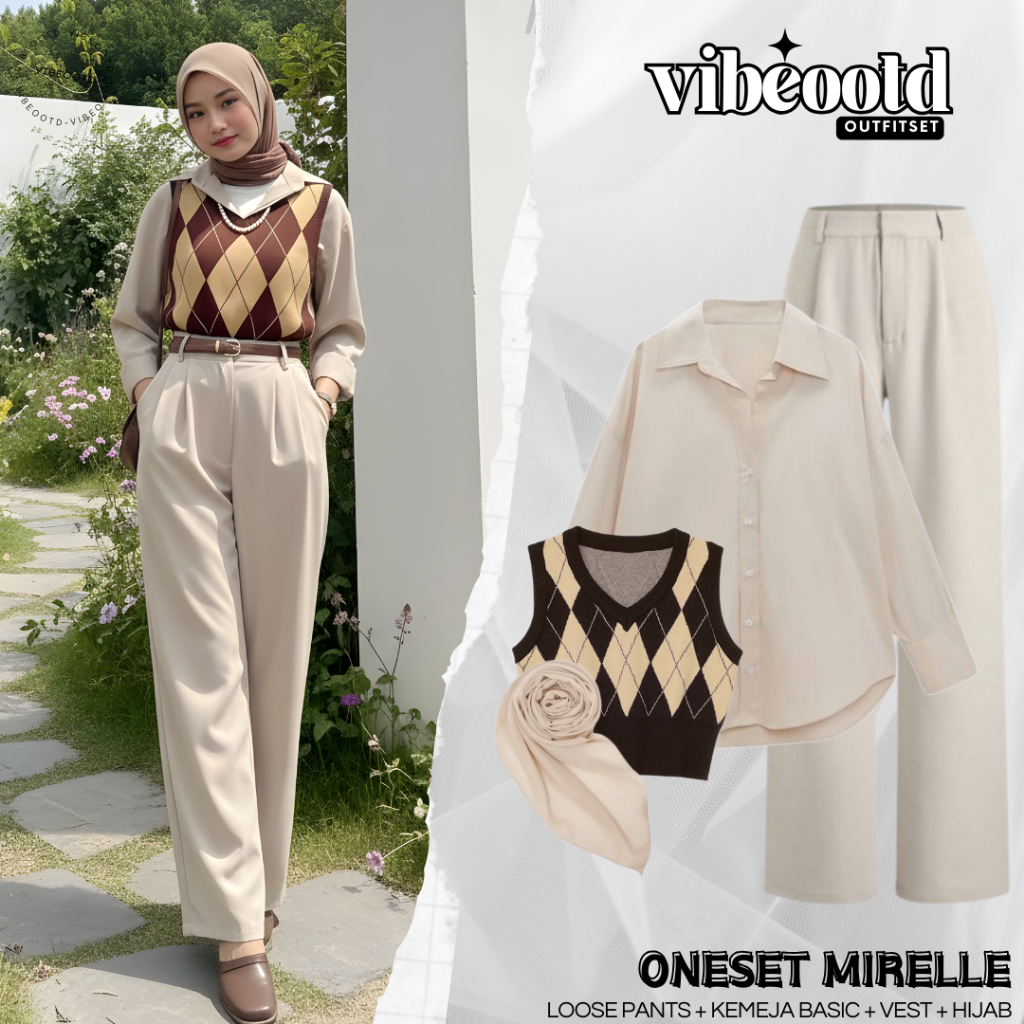 Mirelle Outfit Set Wanita Hijab ( Celana Kulot + Kemeja + Vest + Hijab ) Setelan Hangout Remaja Kece