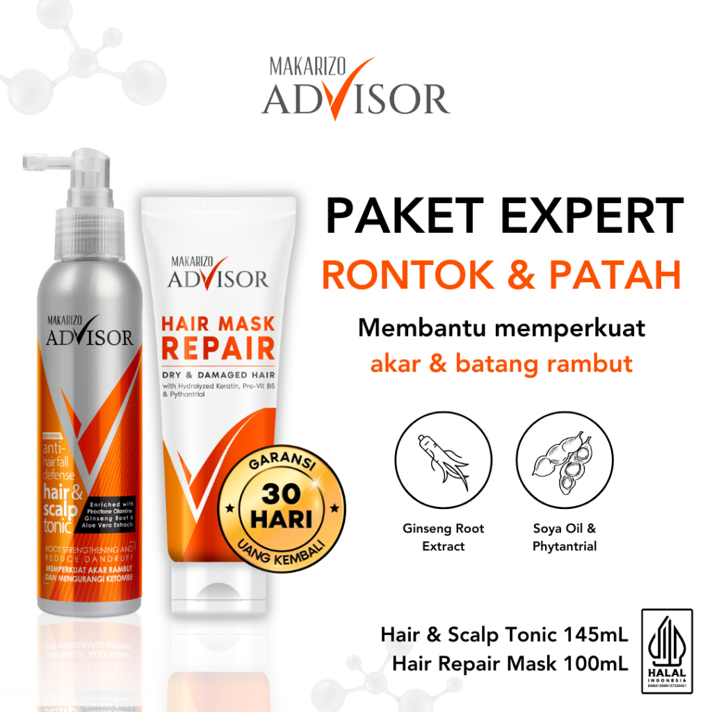PAKET EXPERT RAMBUT RONTOK & PATAH - Makarizo Advisor Hair & Scalp Tonic + Hair Repair Mask
