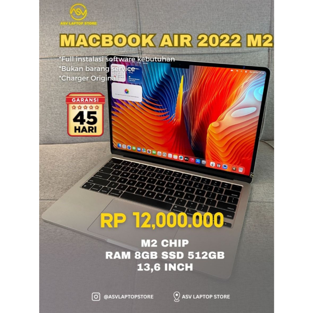 MACBOOK AIR 2022 M2 RAM 8GB SSD 512 13 INCH LAPTOP APPLE ORIGINAL