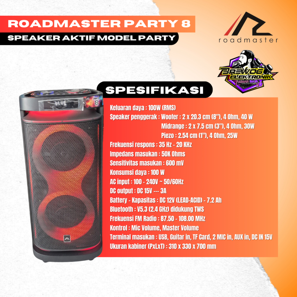 ORIGINAL PRODUK BREWOG SINAR BAJA SPEAKER ACTIVE ROADMASTER  PARTY 8