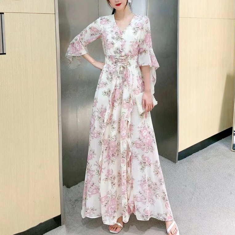 NJ Rafifah Maxi Dress Motif Bunga Gamis Wanita Muslim Korean Style