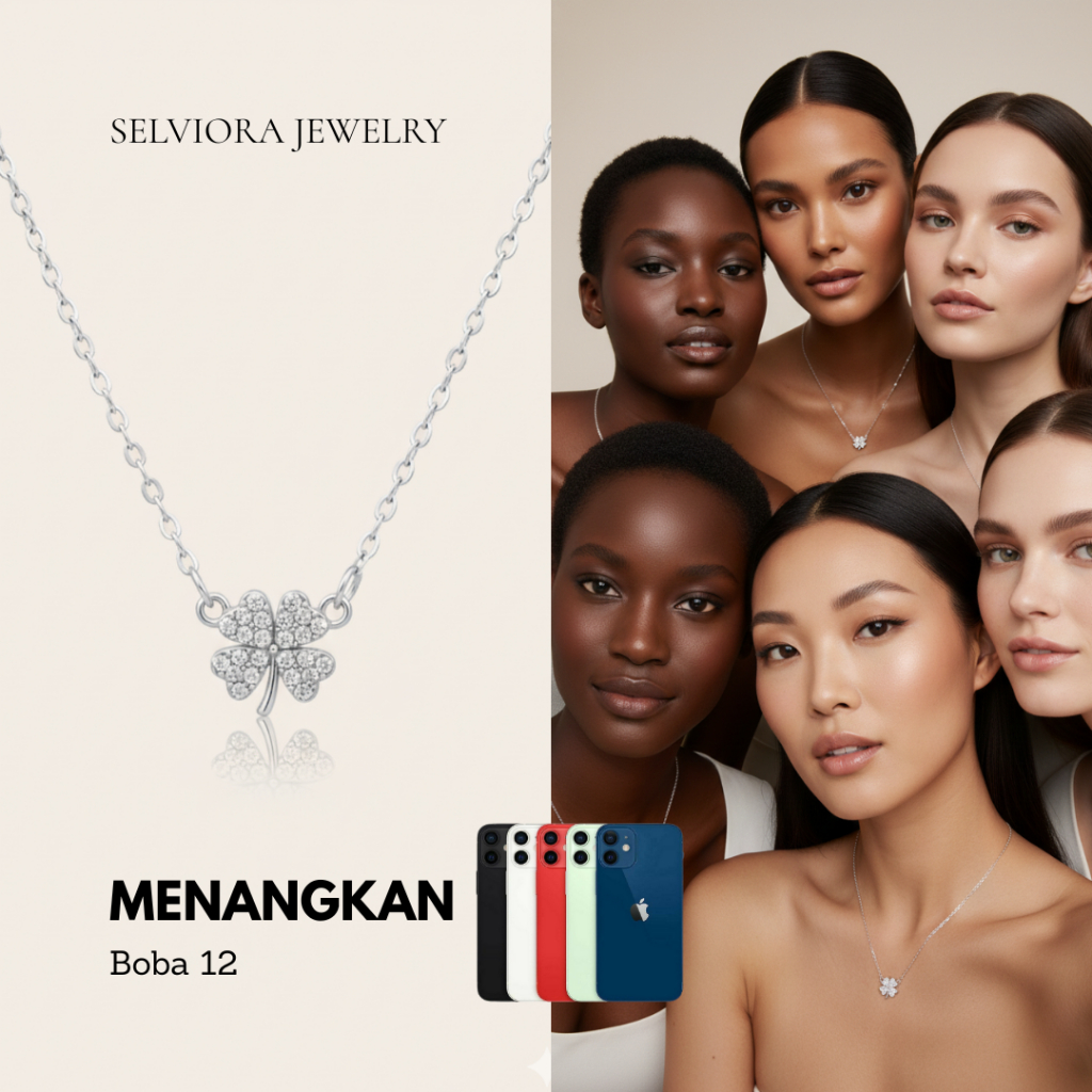 Kalung Clover Semanggi Empat Daun Plat Elegan – Pendant Four Leaf Clover Perak Jerman + Stainless St
