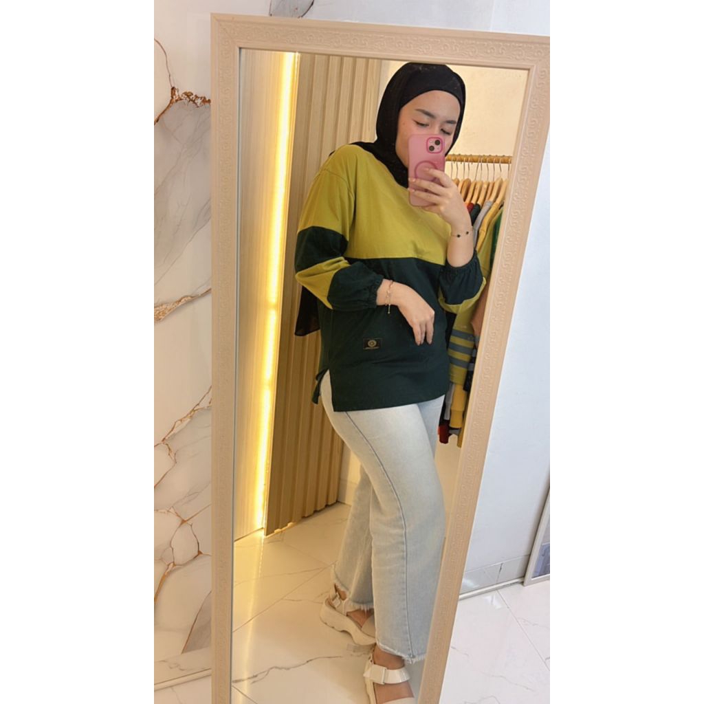 KAOS ATASAN WANITA KOMBINASI 2 WARNA SIMPLE, LENGAN PANJANG