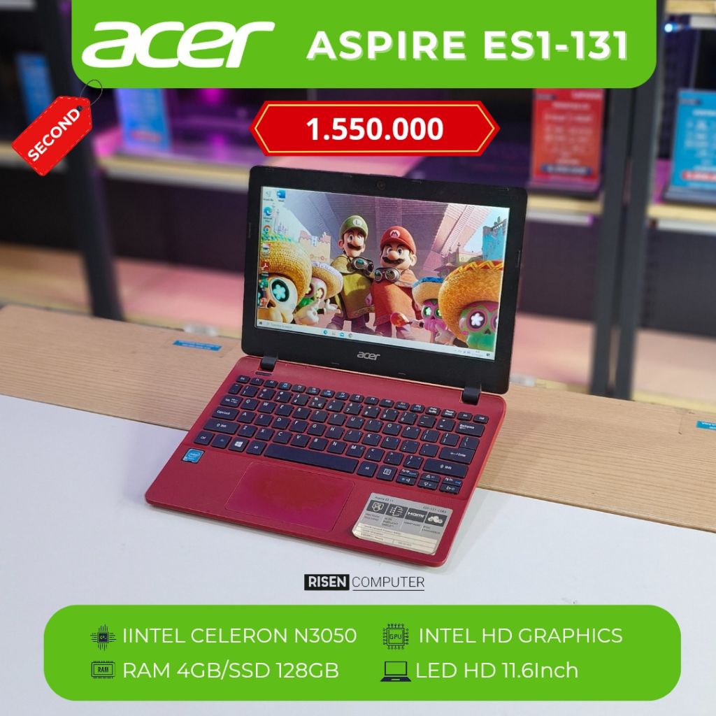 ACER ASPIRE ES1-131 Intel Celeron N3050 RAM 4GB SSD 128GB HD 11.6inch Notebook second Bekas