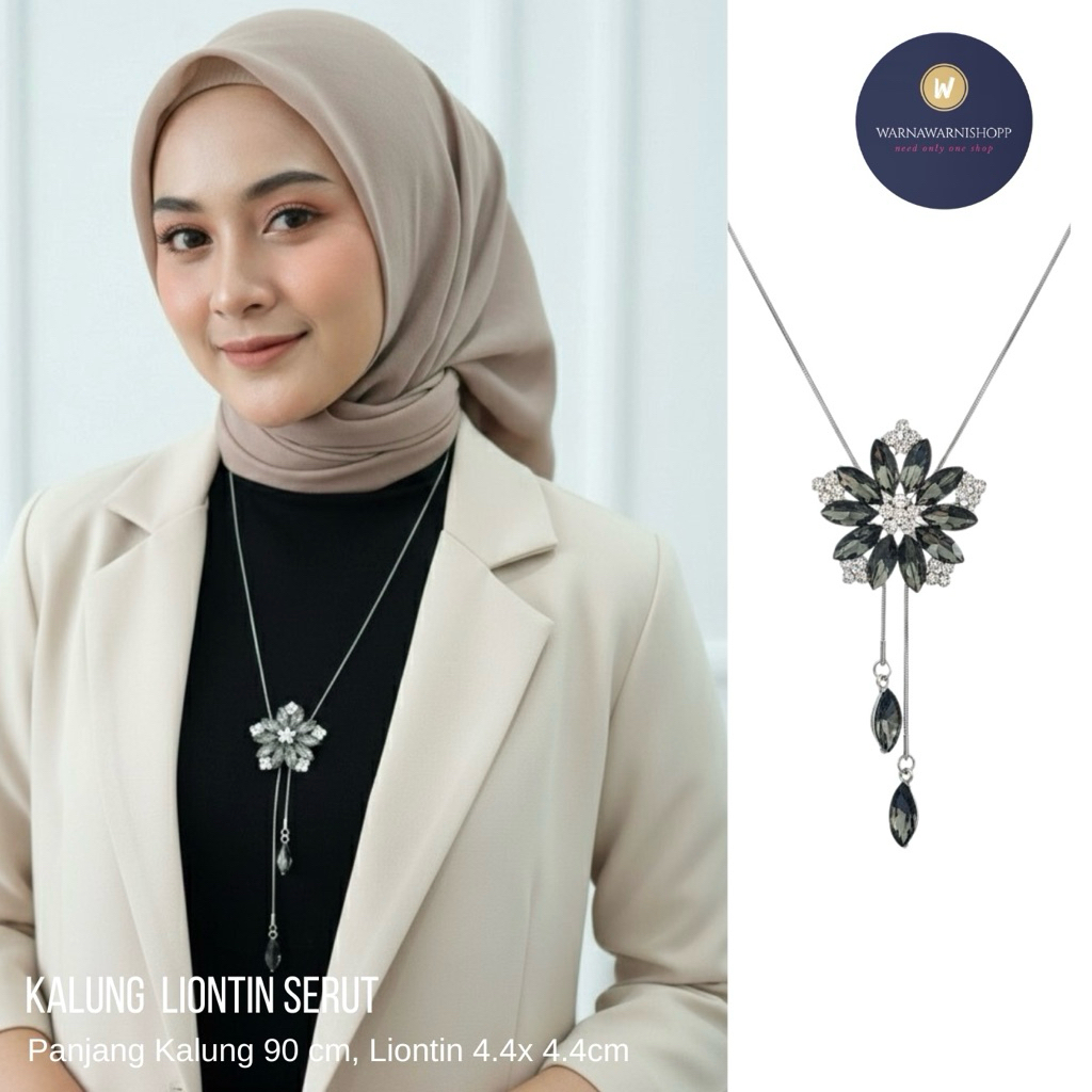 Kalung Hijab Serut Panjang Bunga Segi Lima Kristal Diamond Grey Imitasi Kombinasi Putih