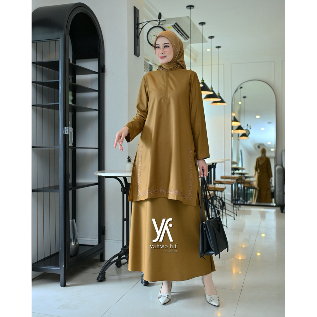 Yahwo Hijab Fashion - One set Bordir - Setelan Pemda Wanita - khaki tua  - Busui - Bahan Toyobo