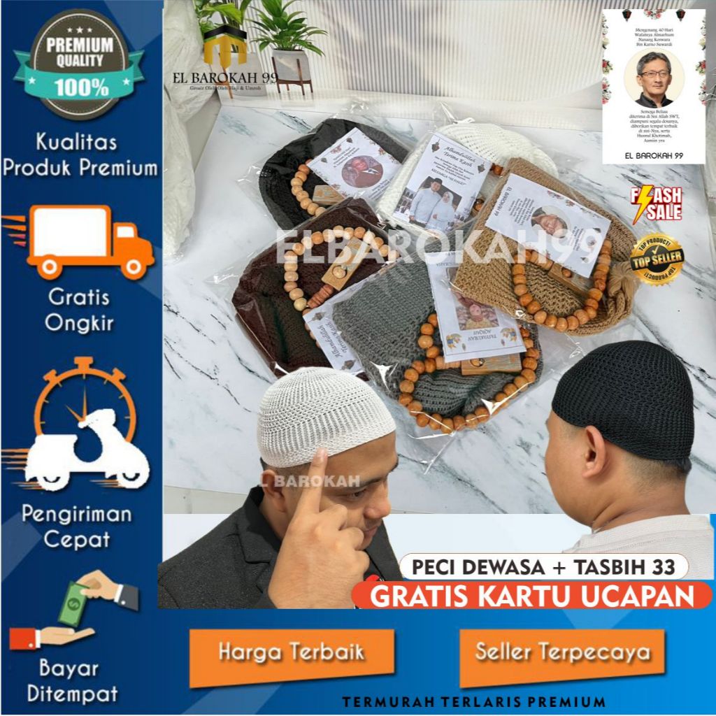 ELBAROKAH99 [Paket] Peci Tasbih Sauvenir Tahlilan / Peci Rajut Souvenir Tahlilan 1000 / Peci Tasbih 