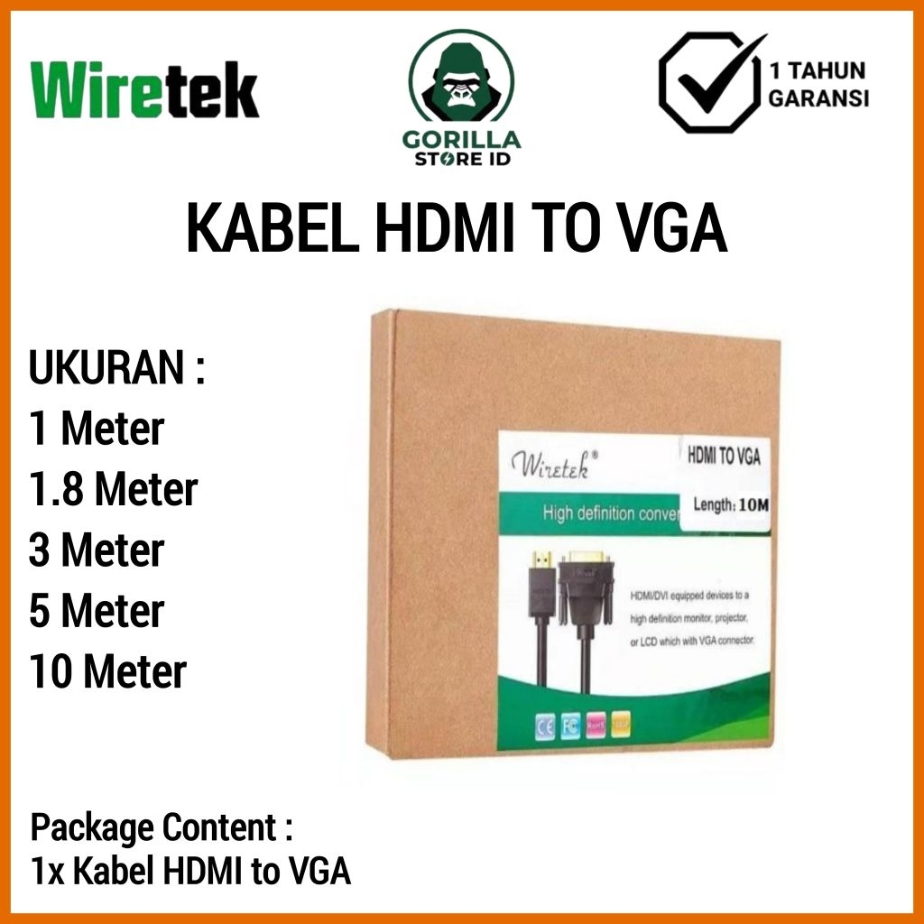 Wiretek Kabel HDMI to VGA 1M 1.8M 3M 5M 10M