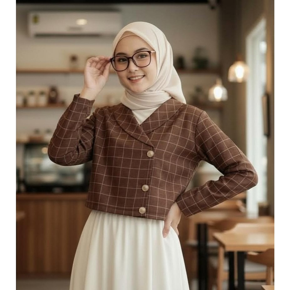 Blazer Crop Wanita Motif Kotak | Outer Hijab Korean Style Lengan Panjang