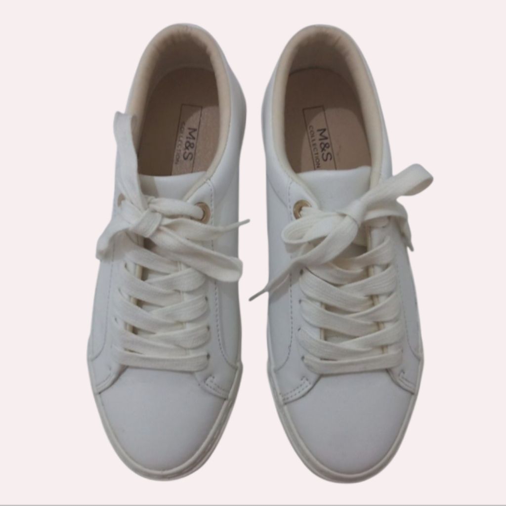 Marks & Spencer M&S Lace Up Trainers Sneakers Tennis Shoes White Polos