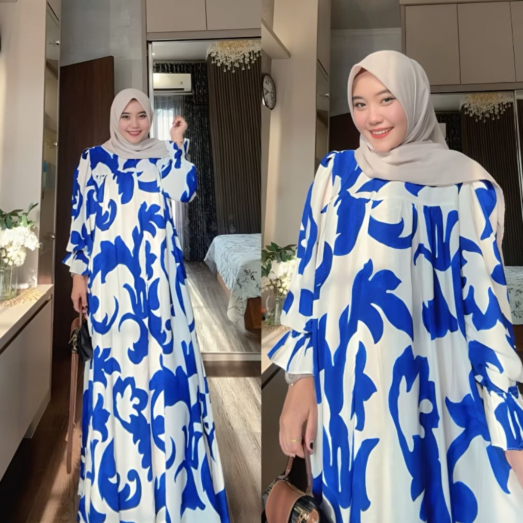 Dress Leony Gamis Muslim Lengan Balon Bahan Rayon Diamond