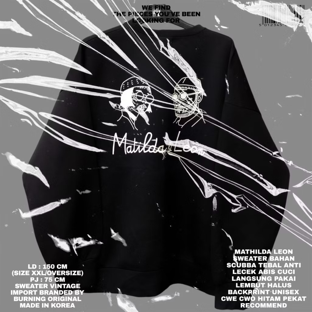 BURNING SWEATER DESIGN MATILDA & LEON UNISEX KOREAN LOOK/SWEATER BLACK OVERSIZE BOXY BALON BAHAN SCU