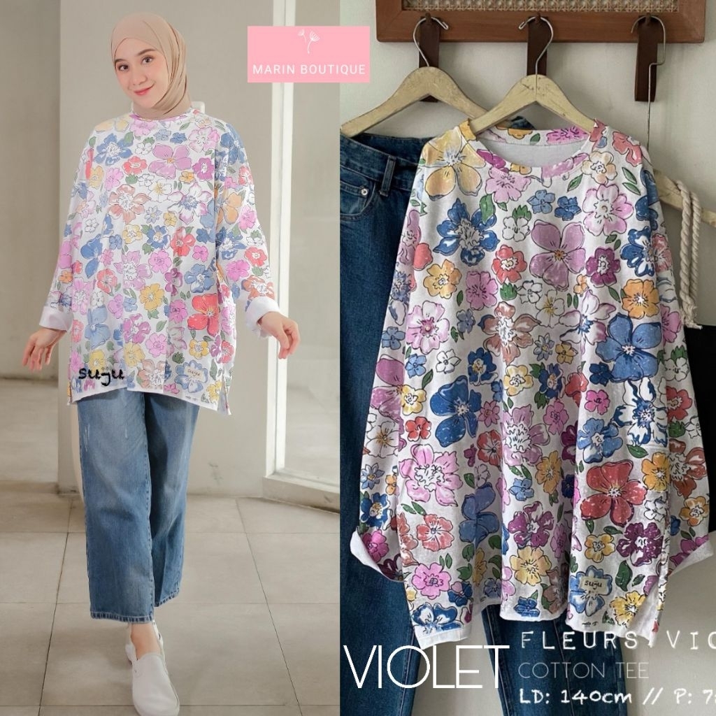 FLO VIOLET YLO FLEUR MARIE OVERSIZE TOP BY SUJU • CAMERA TOP KAOS IMPORT POLOS JUMBO BIG SIZE BASIC 