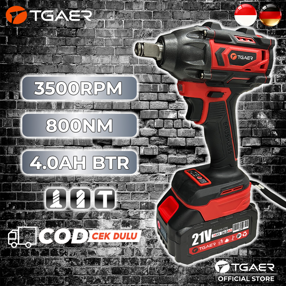 TGAER 800NM Brushless Impact Wrench Promo Mesin Bor Impact Baterai 21V 4.0Ah Batre Impact Wrench Cor