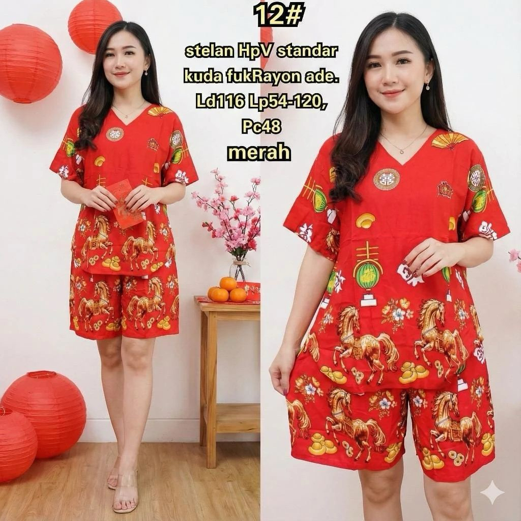 setelan baju tidur /daster /piyama jumbo /bigsize kensi tanktop /lengan imlek merah cny motif kelinc