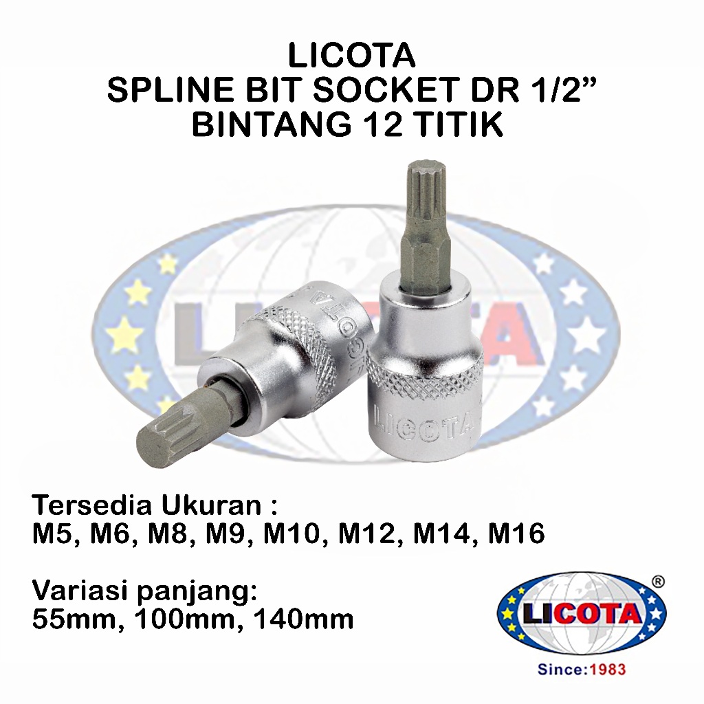 Kunci Sok Spline Bit Licota DR 1/2" M5 -M16 55mm 100mm 140mm / Kunci Sock L Ujung Gagang Spline Bint