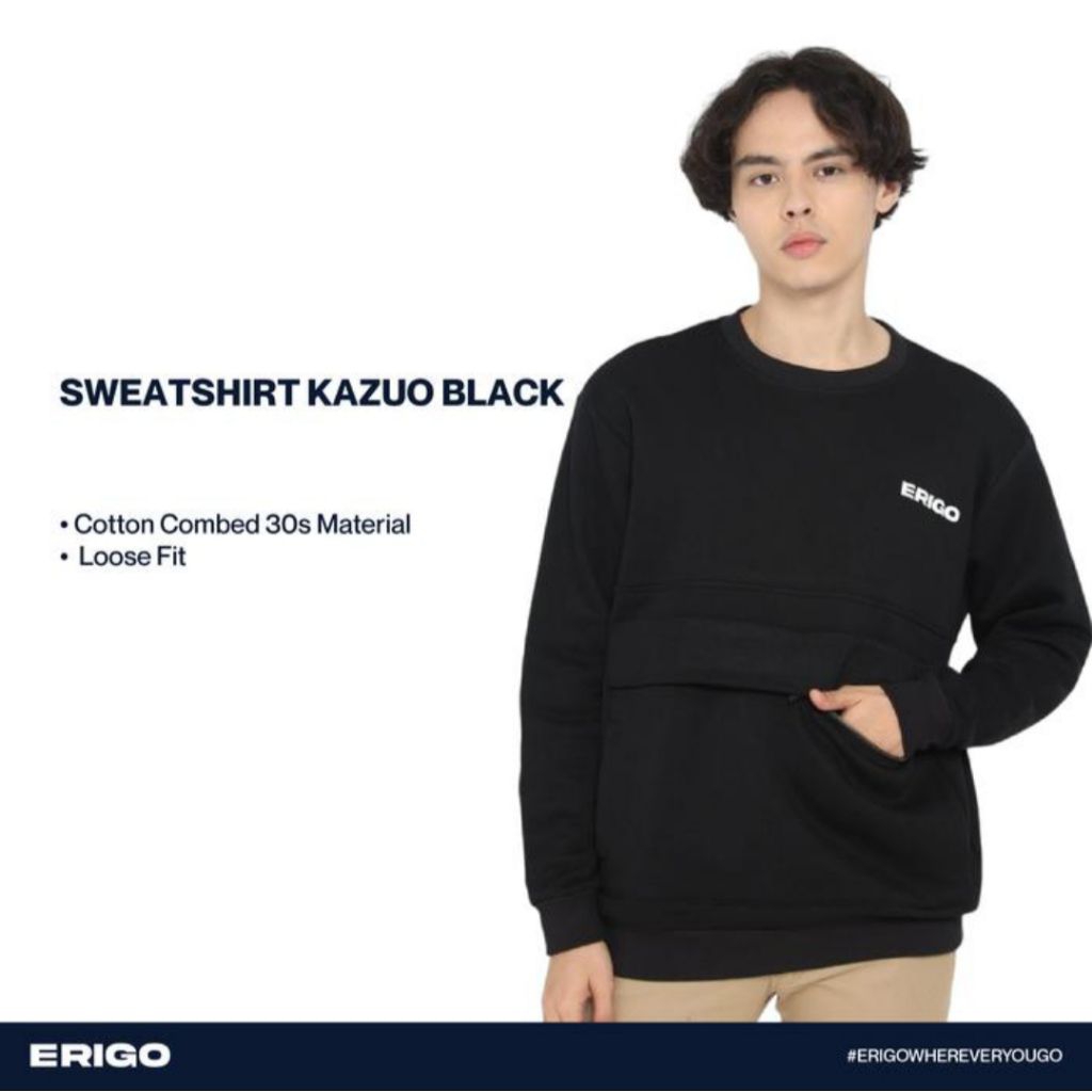 [ERIGO] New Tag - Sweatshirt Kazuo Black S - Outwear Sweater Unisex Pria Wanita Tebal Warna Hitam Or