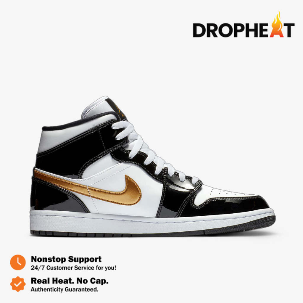 Nike Air Jordan 1 Mid Patent Black White Gold Black Gold Authentic