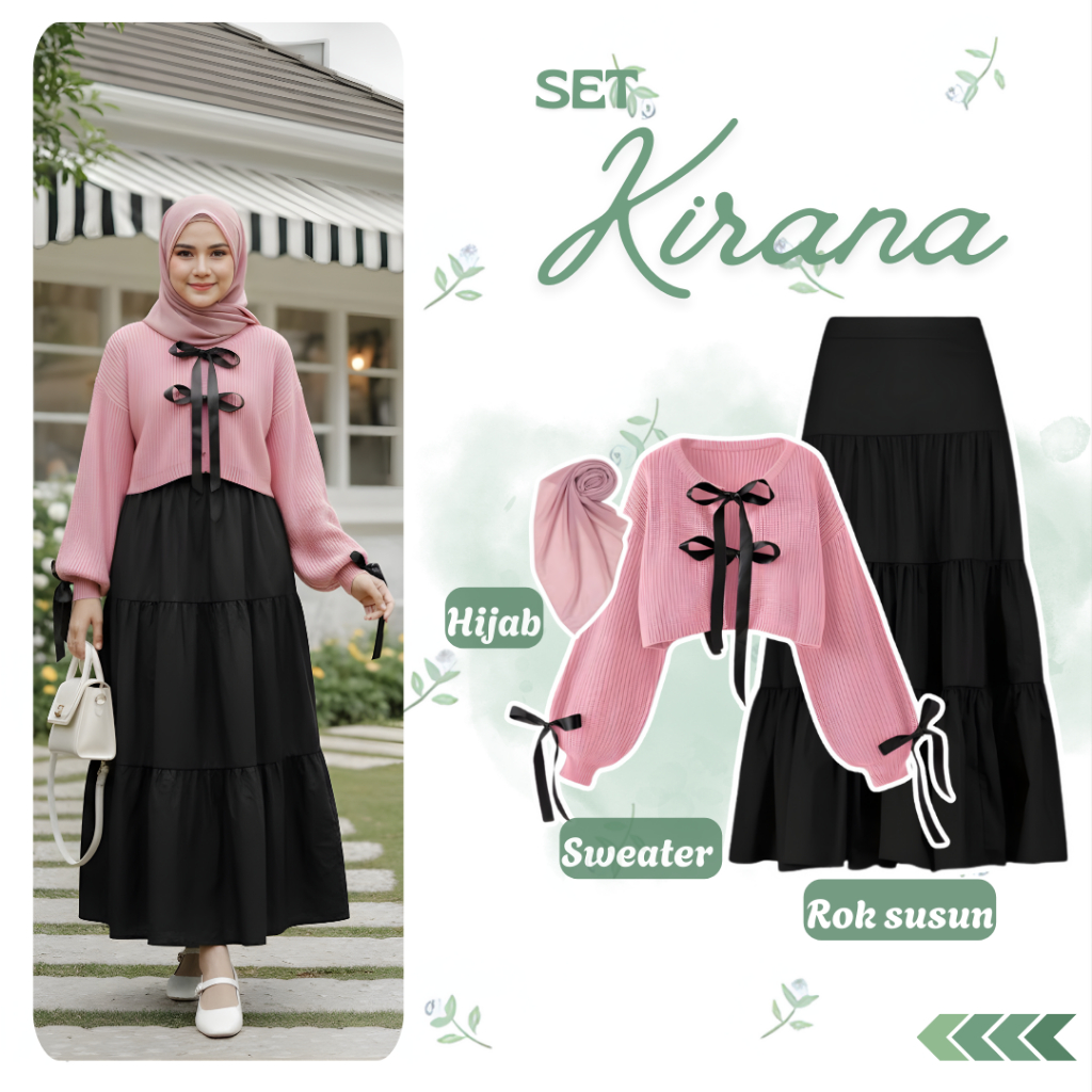One Set 3in1 Wanita Korean Fashion | Sweater Pita Ribbon Pink Rajut Premium + Rok Susun Hitam Hyget 