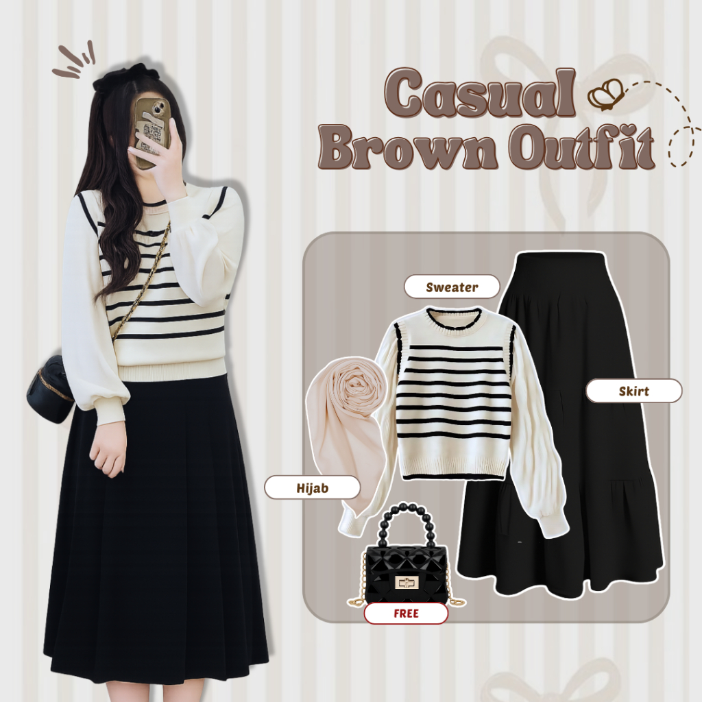 3 IN 1 - Baju Setelan Remaja Korea ( Sweater Rajut + Skirt Maxi + Jilbab Bela Square ) One Set Korea