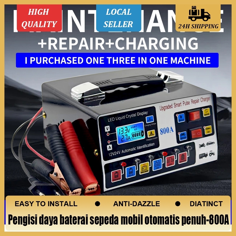 Pengisi Aki Otomatis Daya Besar 800A Universal Mobil & Motor Perlindungan Cerdas Cas Cepat Tanpa Rus