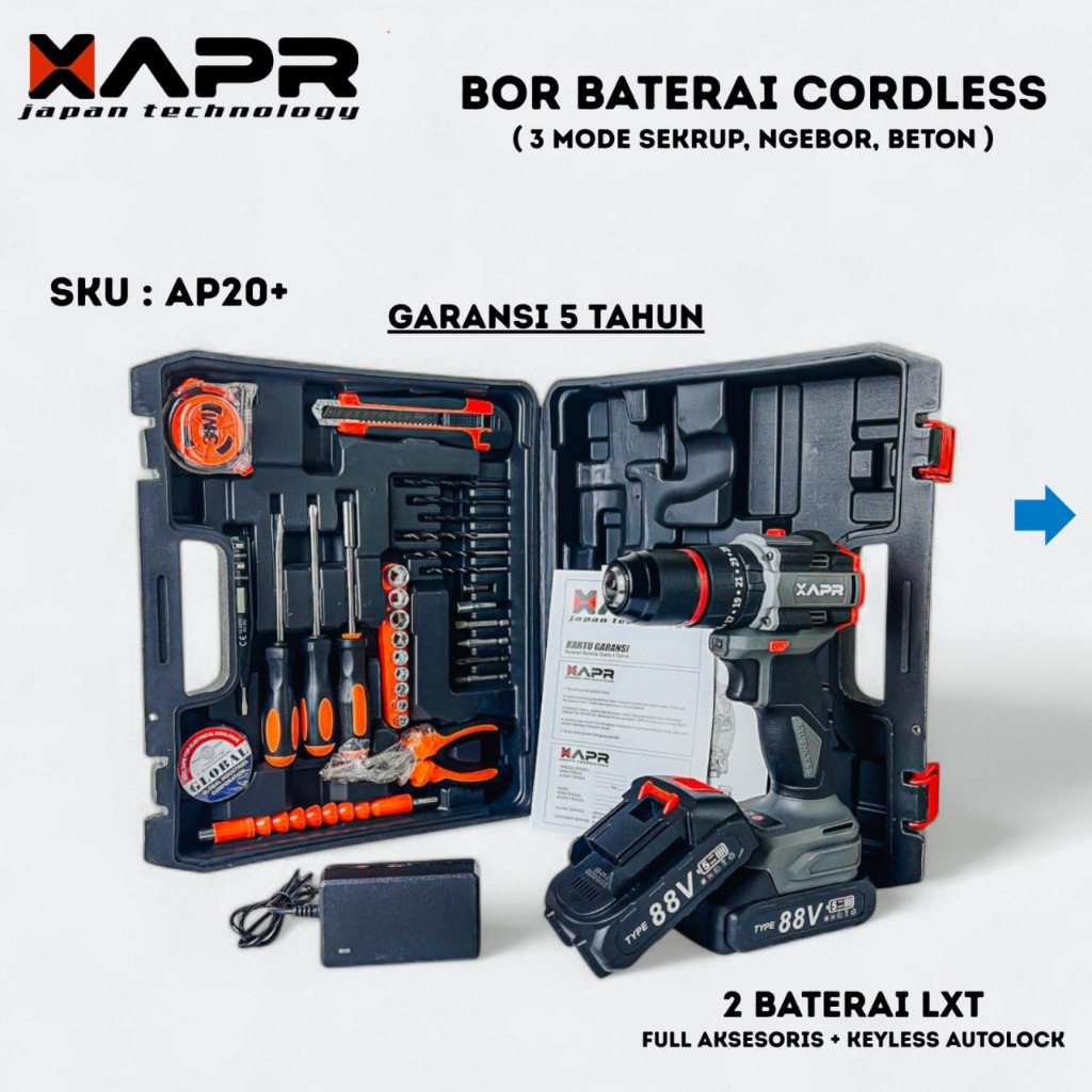 APR JAPAN BOR BATERAI CORDLESS AP20+ 13MM Keyless Chuck Brushless Bor Besi Beton Sekrup Kayu