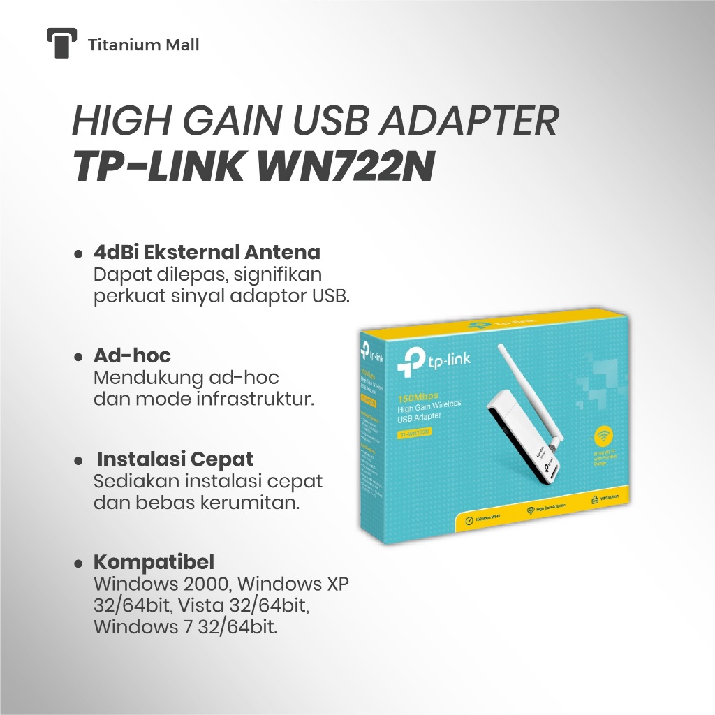 TP Link TL-WN722N USB WiFi Adapter 150 Mbps, antena eksternal 4dBi, untuk PC dan Laptop