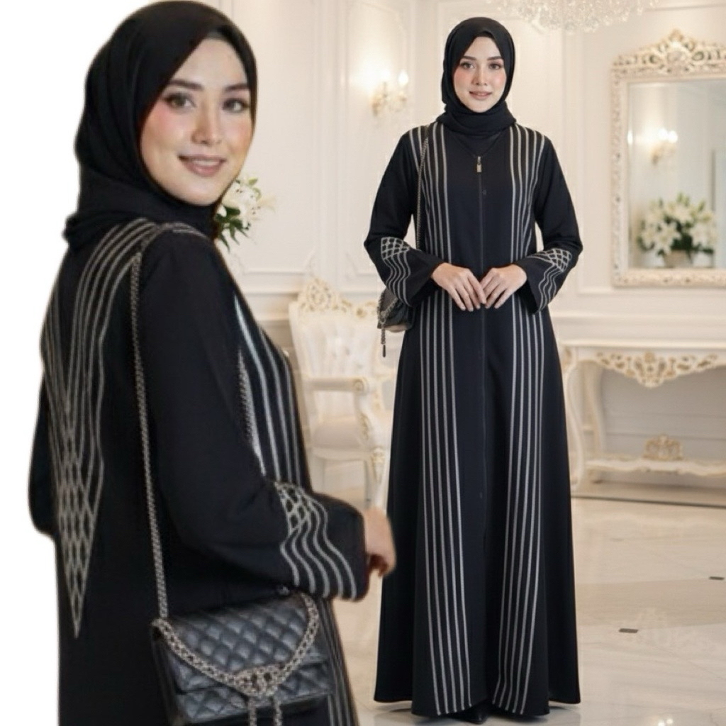 Abaya Amani BORDIR ABAYA HITAM free PASMINA swarosky Mewah Elegan Bahan Jet black
