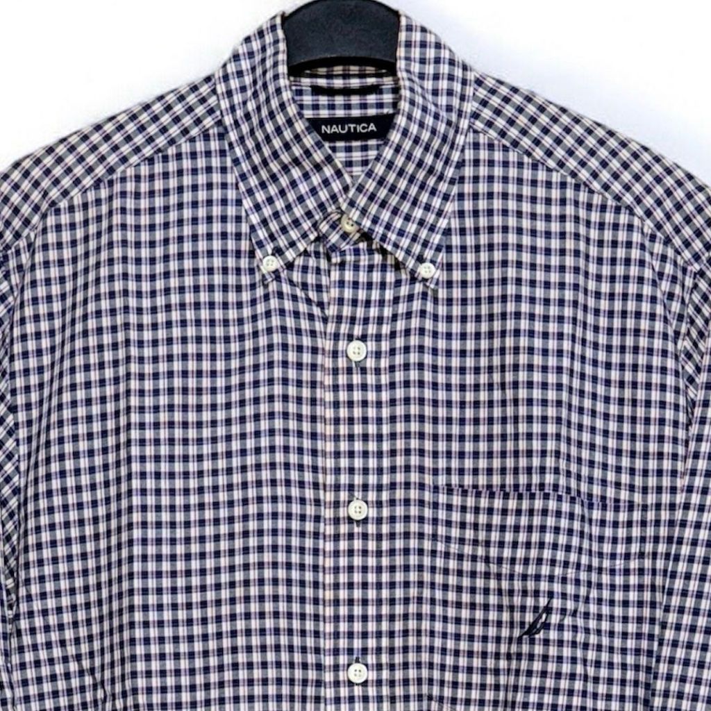 NAUTICA Sailing Gingham Plaid Shirt Mens Sailboat Logo Cotton L/S | kemeja formal lengan panjang pri