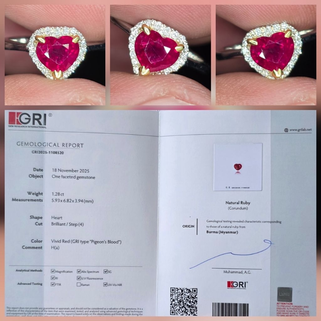 Batu Natural HQ Vivid Red Pigeon Blood Ruby Burma Myanmar Sertifikat 1.28 crt