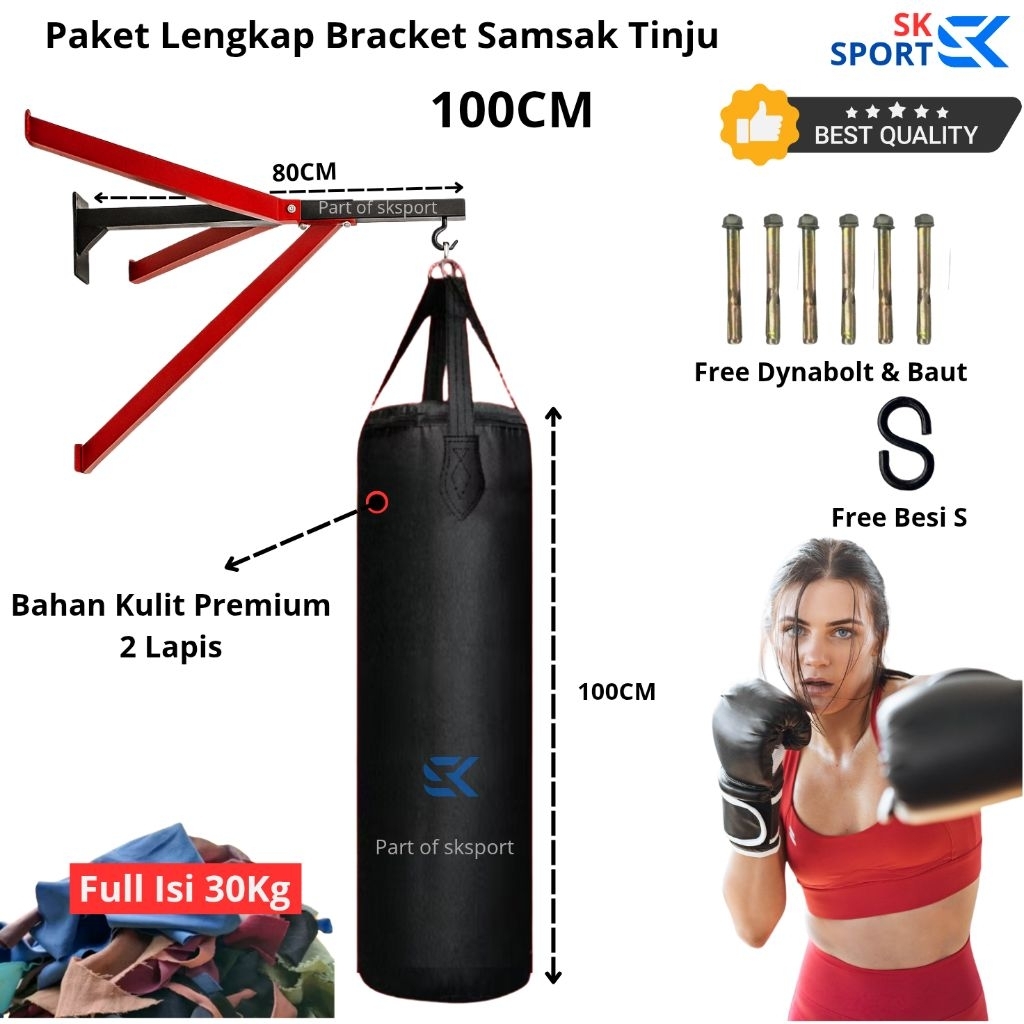(Promo) Paket Lengkap Samsak Tinju Bahan Kulit Premium 100cm + Full Isi 30kg