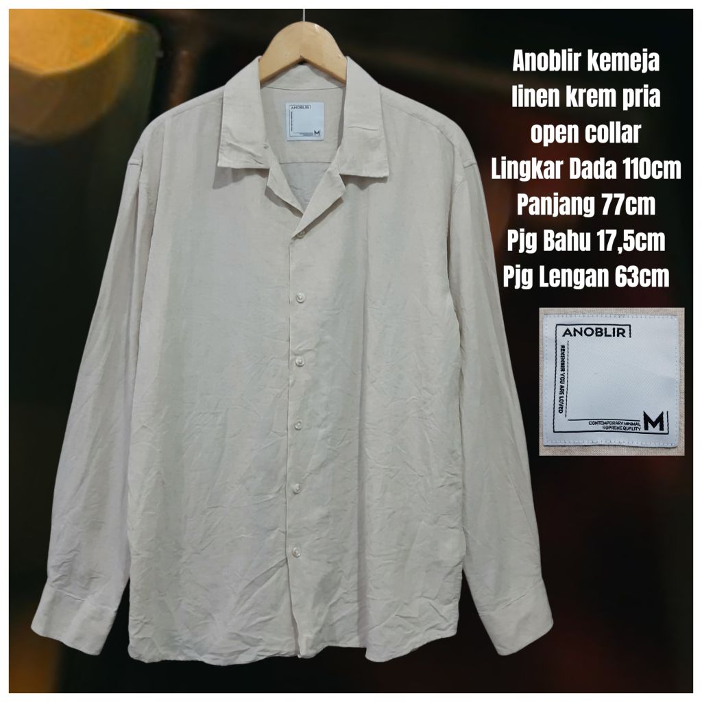 Anoblir kemeja linen krem pria open collar