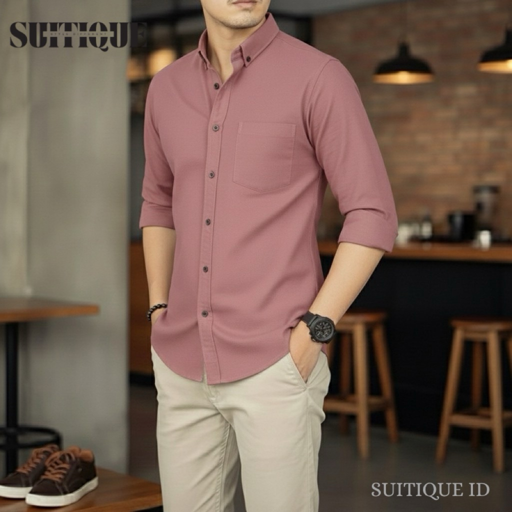 Suitique ID Kemeja Long Sleeve Pria Cotton Pique Anti Kusut, Rose Canyon Pink Manly Formal Casual