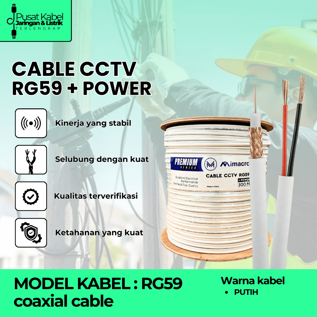 Kabel RG59 Plus Power 100M & 300M | Kabel CCTV Coaxial + Power Full Tembaga Premium MIMACRO