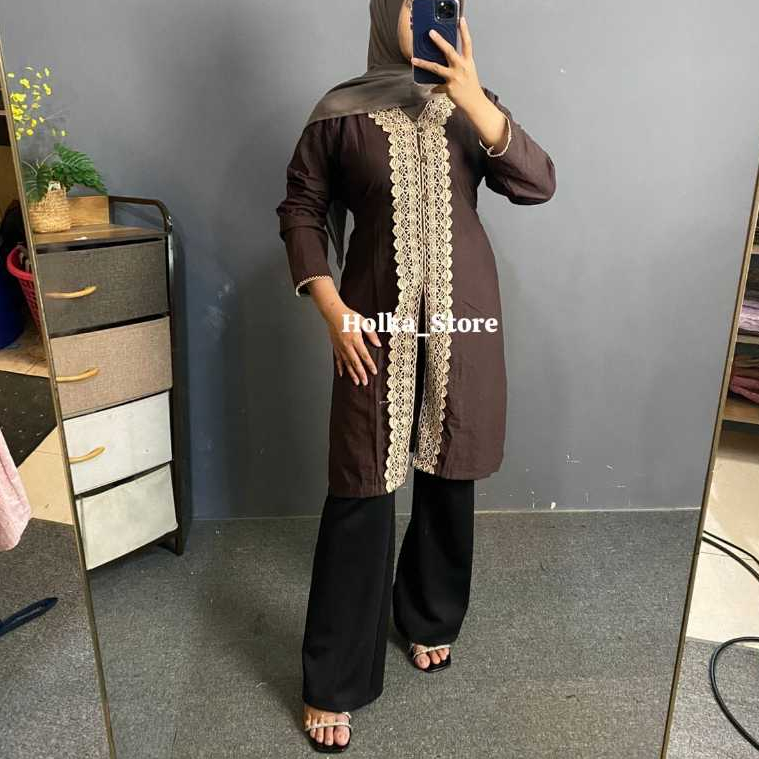 Aini Tunik Renda Pololinen Kancing Kerah V Bahan Pololinen Lingkar Dada 106cm Panjang 94cm Renda Ber