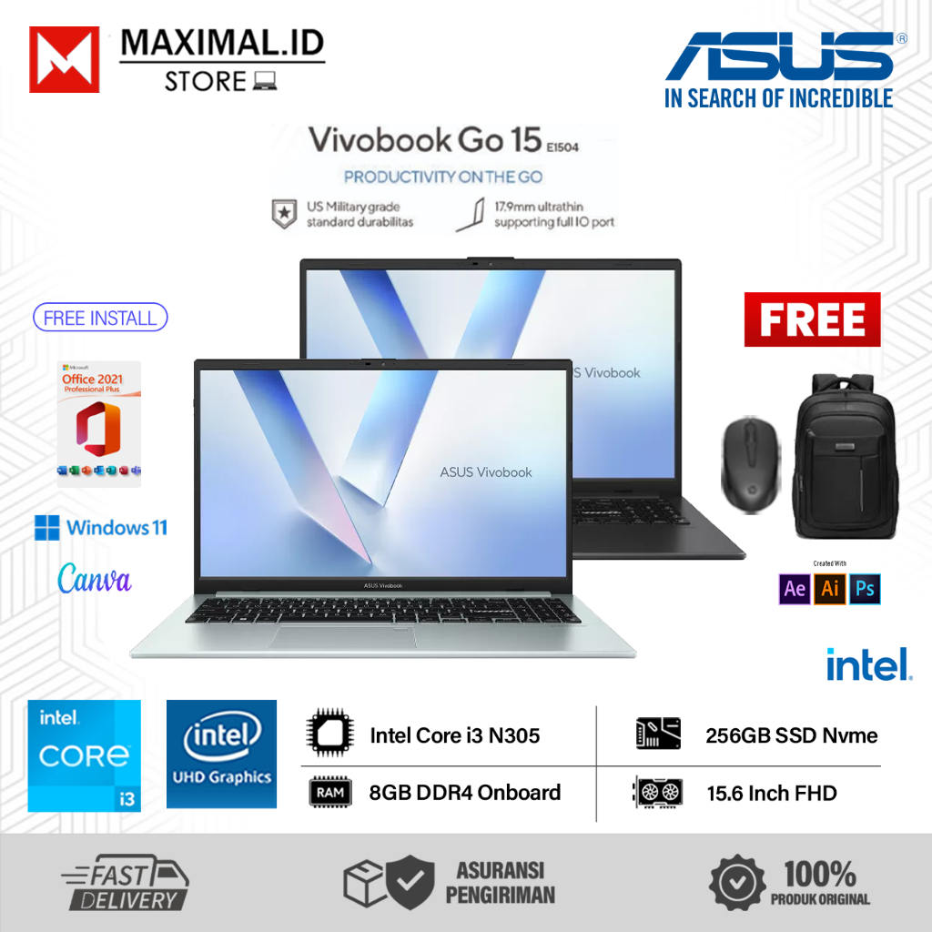 Laptop Baru Asus Vivobook Go 15 E1504GA Intel Core I3 N305 Ram 8GB 256GB 15 Inch Win 11 Original
