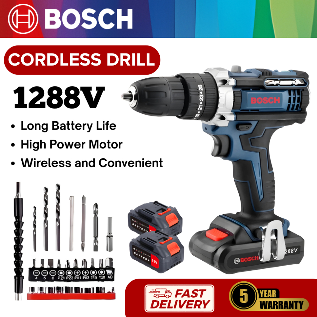 BOSCH 1288V Bor Listrik Tangan Tanpa Kabel | 2in1 Impact & Bor Tembok | 2 Baterai | Set Lengkap