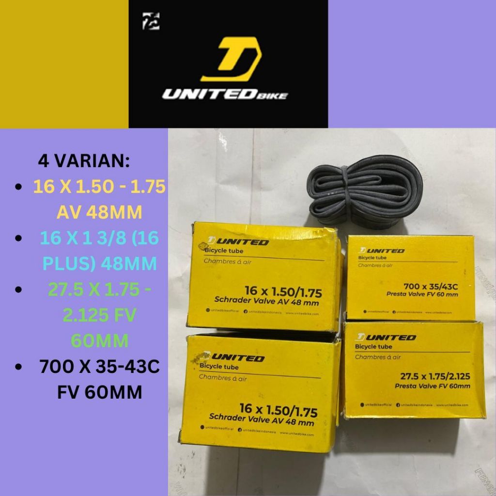UNITED Ban Dalam Sepeda 16" 16 PLUS 27.5 700C 16 X 1.60 16 X 1 3/8 27.5 X 1.75 2.10 700 X 35 Pentil 
