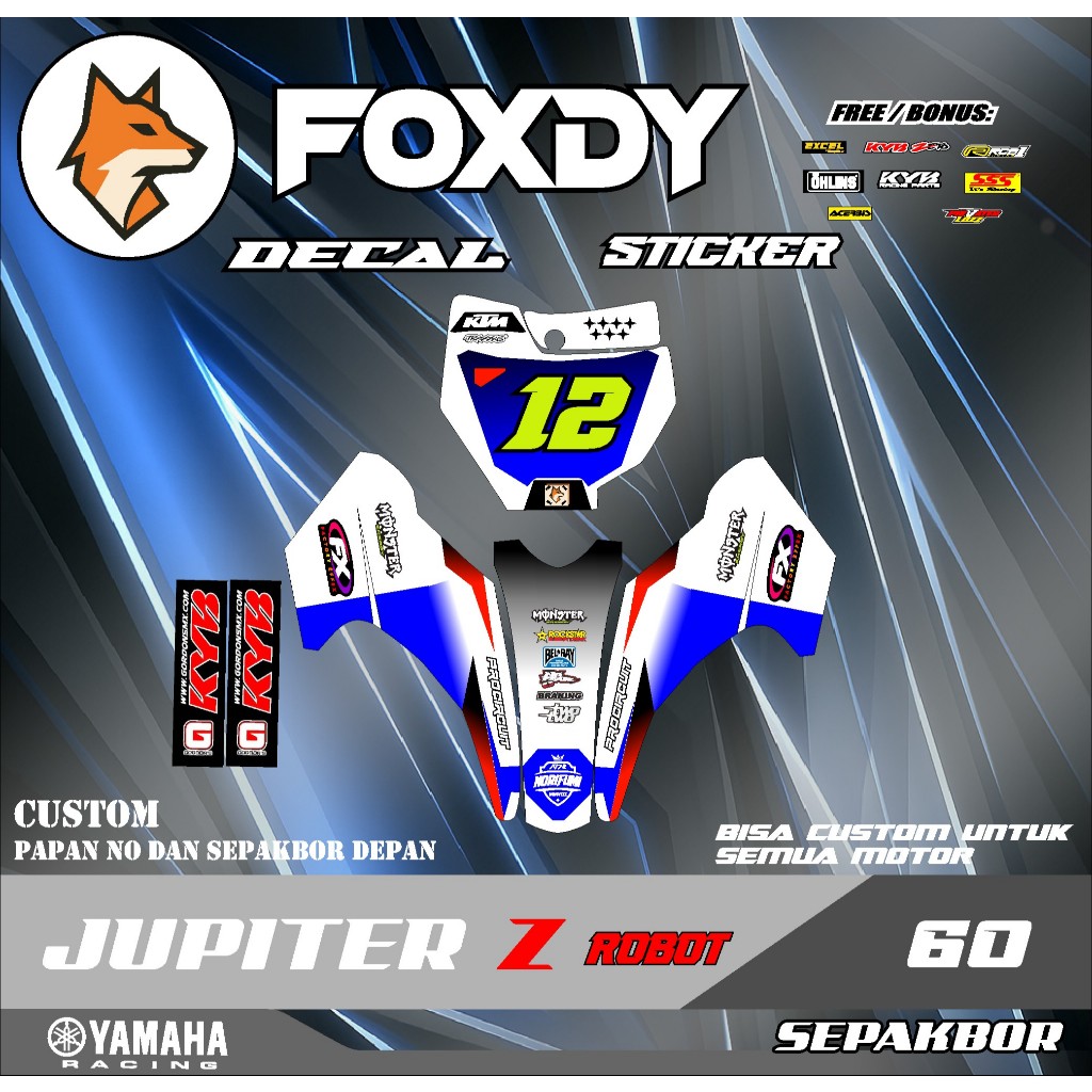 FOXDY Stiker RBT JUPITER Z ROBOT DECAL Custom Papan No & Sepakbor Depan untuk Motor RBT CRF KLX 150 