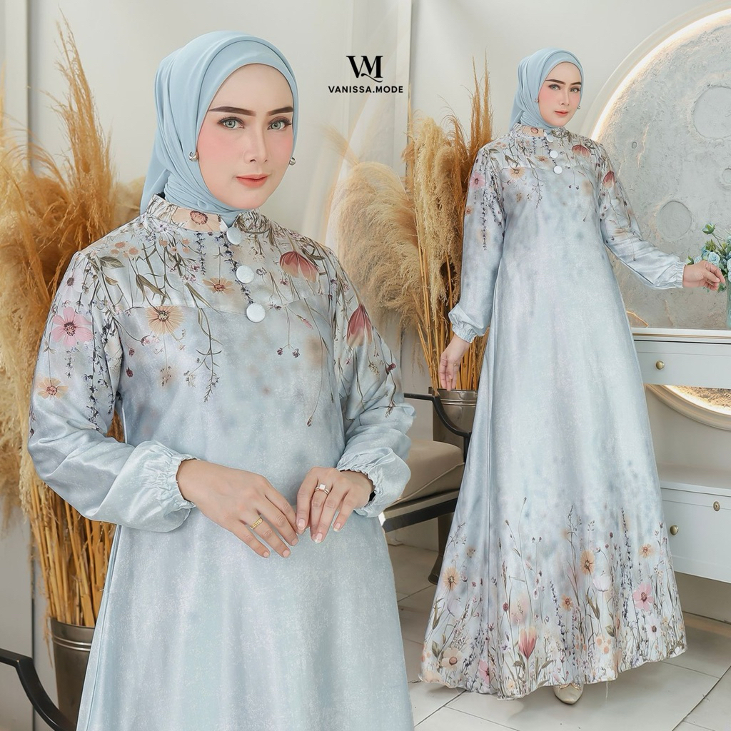 Lanisya Dress || Gamis Armany Silk Terbaru / Gamis Armani Silk Semi Sutra / Gamis Motif Bunga Mewah 