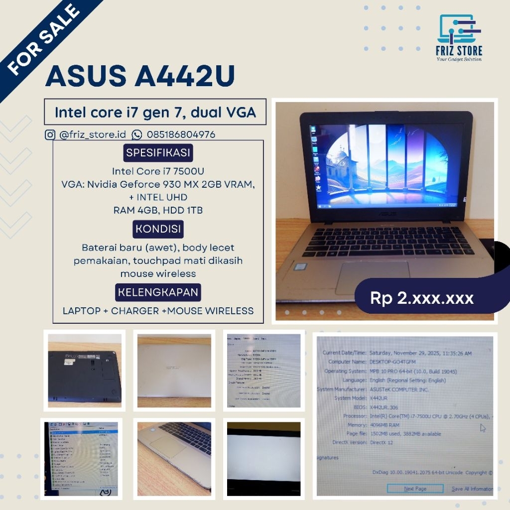 Asus A442U, intel core i7 gen 7, Dual VGA,RAM 4GB, HDD 1000GB