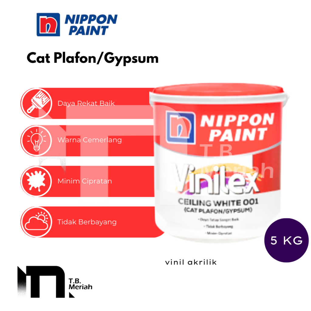 Nippon Paint Vinilex Ceiling Gypsum/Plafon 5kg / Cat Plafon Nippon Paint White 001
