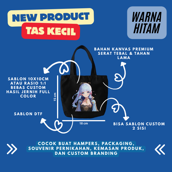Tas Kecil Totebag Kecil Kanvas Warna Hitam dan Putih 18x15x7 cm Tas Jinjing Custom Desain Bebas untu